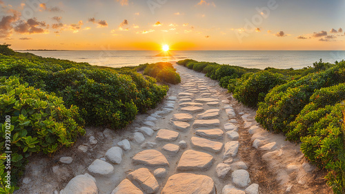 Beautiful sunrise over the sea with stone path and green bushes.