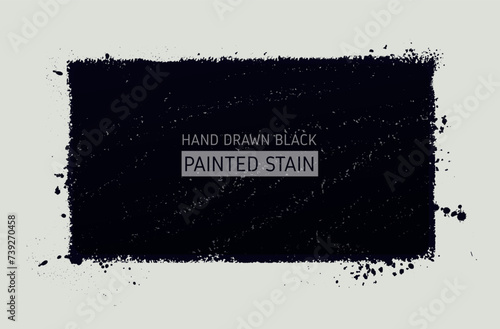 Hand drawn big black painted stain. Monochrome stroke background. Modern artistic background. Vector one color textured spot rectangular shape, greeting card, poster. Design drawn, brush painted.