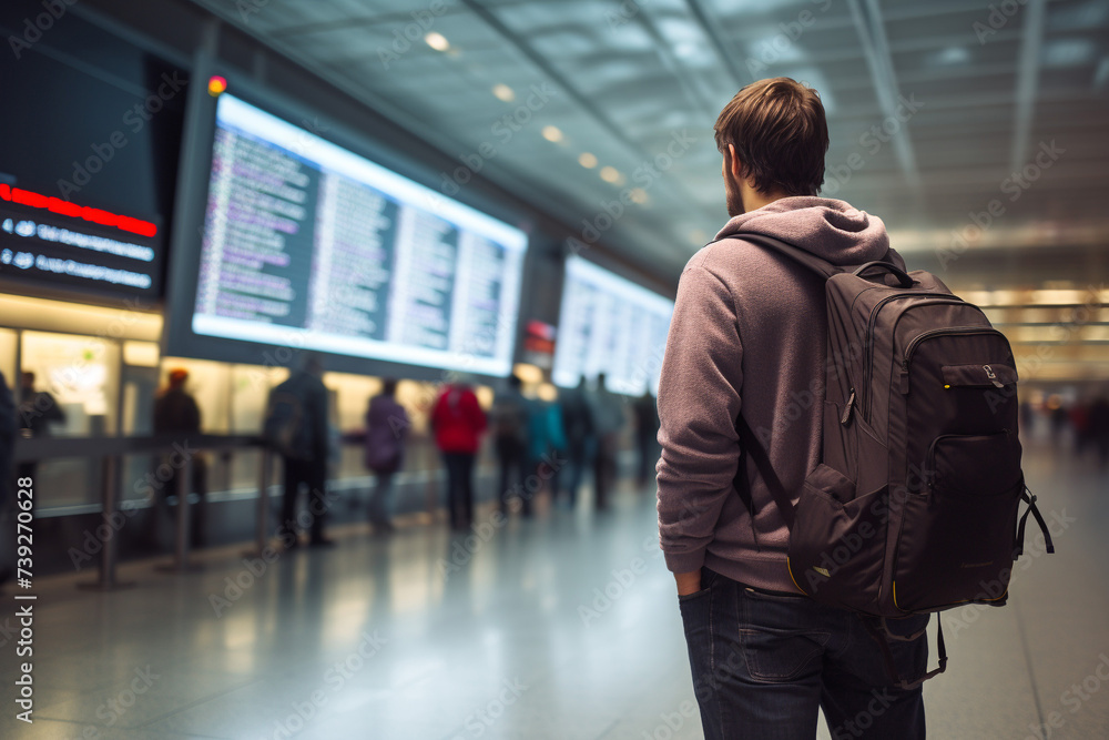 tourist with backpack standing in the airport looking at flight schedule board. tourist with backpack standing in the airport looking at flight schedule board.