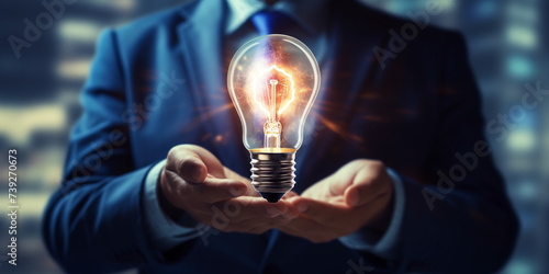 Business man presenting iluminated light bulb, business concept for creativity and innovation. idea and technology. photo