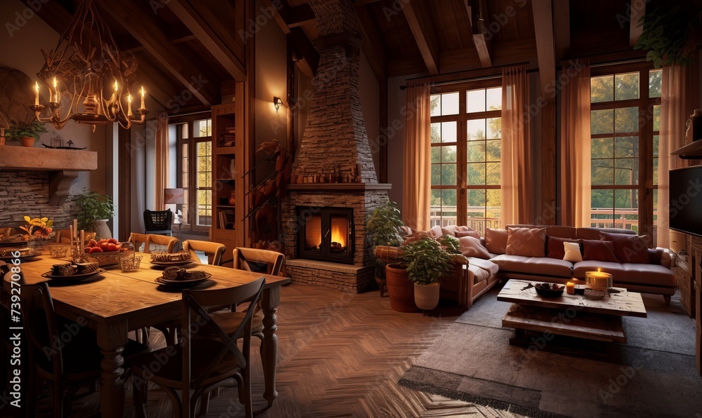 Living room with fireplace in rustic style with sofa and dining table