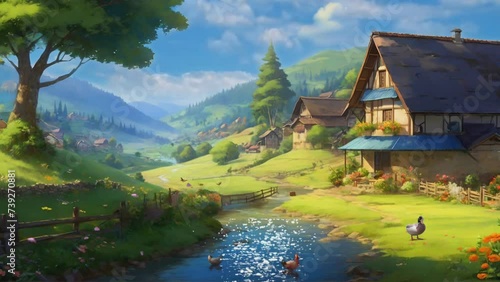 Amidst the rolling hills and vibrant meadows, a quaint village comes to life with the cheerful sounds of chirping birds and babbling brooks. Create an anime scene capturing the essence of rural bliss. photo