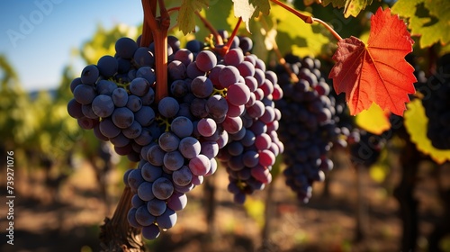 Close-up of grape clusters on the vine, ripe and ready for harvest, focus on the textures and colors of the grapes, symbolizing the essence of winemaking, Photo