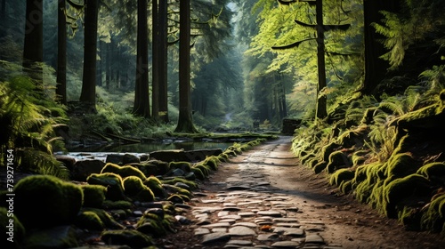 An enchanted woodland path, the trees old and towering, moss and ferns covering the ground, the air cool and fragrant, the trail inviting and mysterious, Photog © ProVector