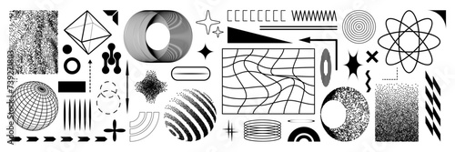 Retro futuristic y2k graphic elements set. Black shape. Vector geometric forms, pixelated effects, wireframe model isolated on white background.