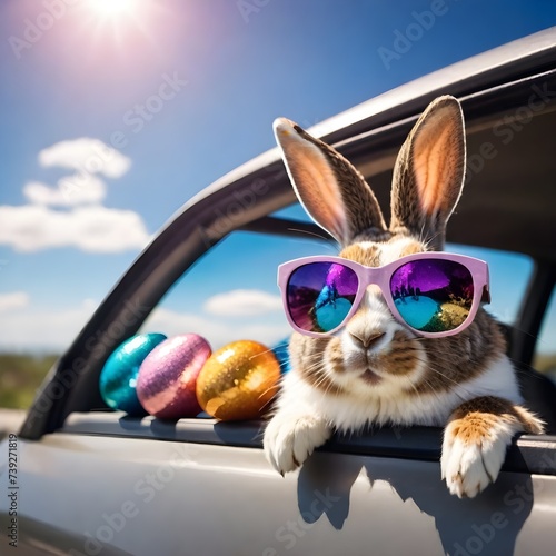 A rabbit with sunglasses looking out of a car window with three colorful Easter eggs on the car door, under a sunny sky © JazzRock