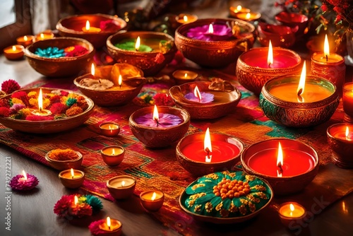 Diwali home decoration ideas. Diwali Deepavali festive colorful bright home decor with traditional combination of lights, diyas, rangoli, flowers, urlis photo