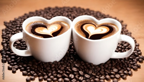 Two heart-shaped mugs filled with coffee on a roasted coffee beans