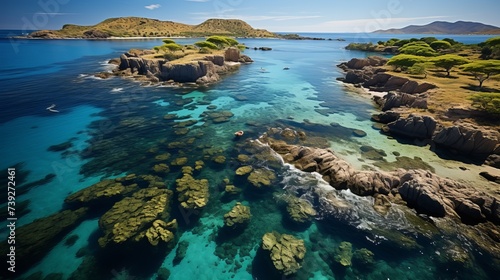 Aerial view of a coral reef near a secluded island, vibrant marine life visible in clear waters, showcasing the natural beauty and allure of remote destinations