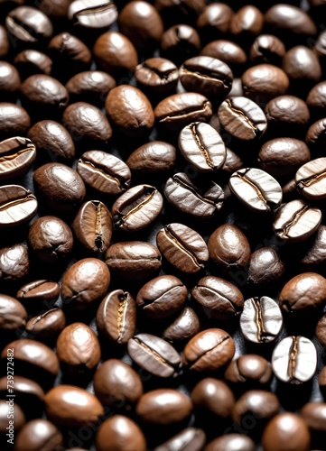 A close-up of numerous roasted coffee beans  with a variety of sizes and shades