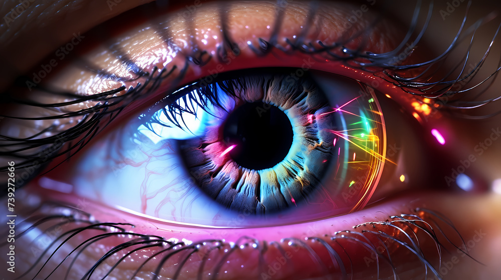 Human eye close-up, human eye close-up with virtual hologram elements