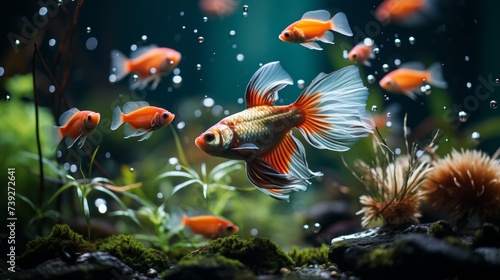 Aquarium with a variety of colorful fish, detailed view of the aquatic plants and decorations, emphasizing the beauty and maintenance of home aquariums, Photore