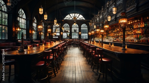 An empty city pub with classic wooden interiors, dim lighting, rows of bottles on shelves, an inviting yet solitary ambiance, Photography, indoor lighting techn © ProVector