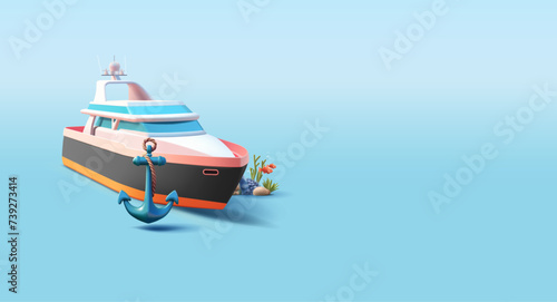 3d yacht illustration with metal anchor and sea corals with fish, render style cartoon composition © YarM