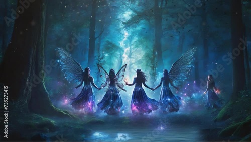 A group of fairies amidst the mystical glow of a moonlit forest, each possessing unique powers that must be harnessed to restore balance to their magical realm. photo