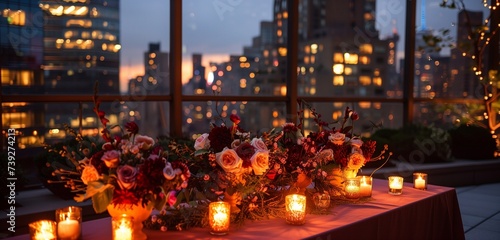 A cozy rooftop ambiance  with a festive table adorned with candles and floral arrangements.