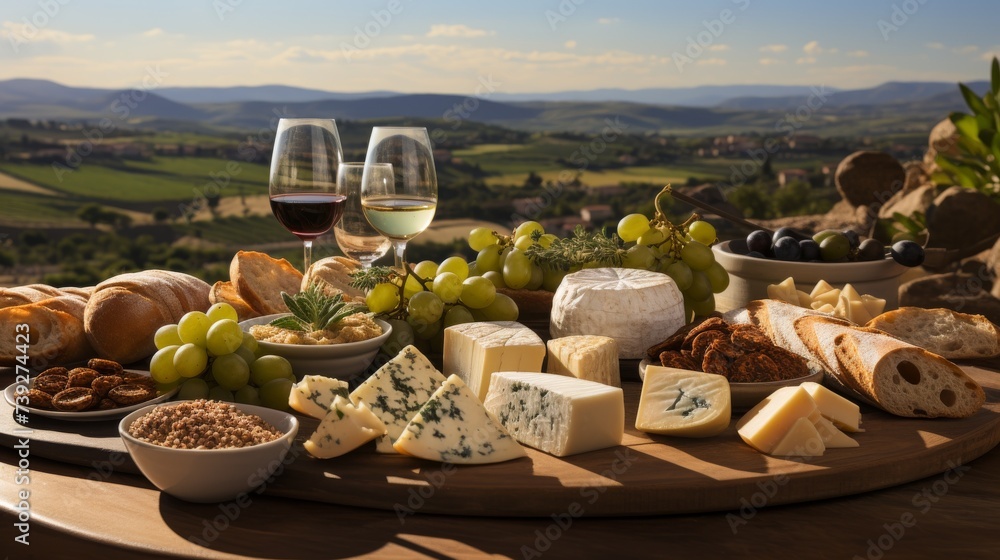 Assortment of artisanal cheeses and bread on a rustic wooden table, wine bottles and vineyard landscape in the distance, capturing the essence of culinary tours - obrazy, fototapety, plakaty 