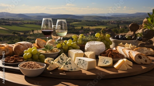 Assortment of artisanal cheeses and bread on a rustic wooden table, wine bottles and vineyard landscape in the distance, capturing the essence of culinary tours photo