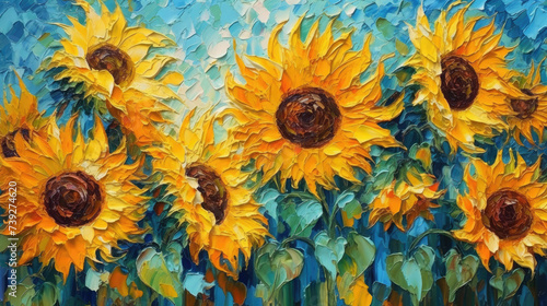 large oil sunflowers in van gogh style background art wallpaper, print, poster, wall painting, interior - generative AI photo