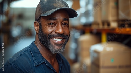 Transporting industrial cargo, warehouse goods, and trade goods at a shipping supply chain or warehouse with a smile, industriality, and black person.