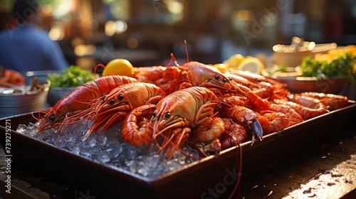 Fresh seafood on ice at a fish market, detailed display of fish, shrimps, and crabs, market ambiance in the background, focusing on the freshness and variety of