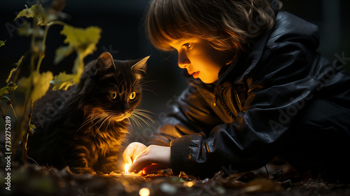 Un chat noir, fier et rusé, guide un enfant perdu dans la forêt sombre jusqu'à retrouver sa maison, illuminant leur chemin de lueurs magiques. 