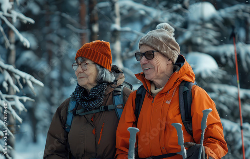 a middleaged couple walking on snow skis together in a forest