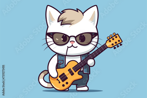 cute cat playing guitar flat design vector illustration