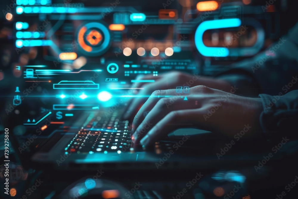 man's hands typing on laptop keyboard There is a holographic Email man's hands typing on laptop keyboard There is a holographic Email