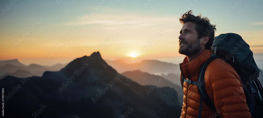 Man in orange jacket looking at mountain sunrise.