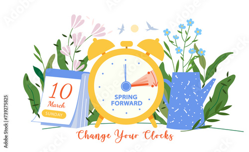 Spring daylight time concept. Clocks are moved forward one hour with calendar date sunday, 10 march, 2024. Schedule banner reminder. Spring Forward shift hour, ositive illustration with alarm clock