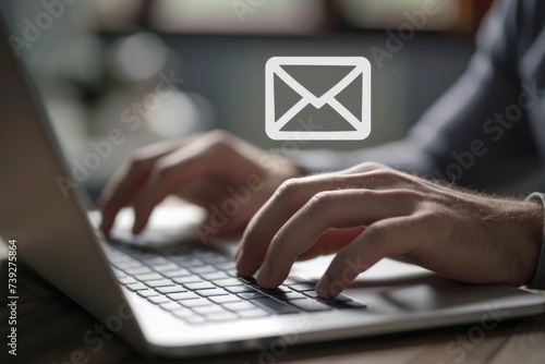 Businessman sending email by laptop computer to customer, business network a holographic Email