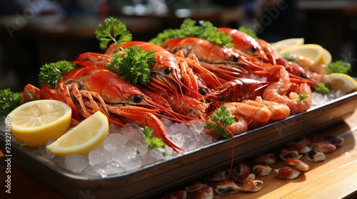 Fresh seafood on ice at a fish market, detailed display of fish, shrimps, and crabs, market ambiance in the background, focusing on the freshness and variety of