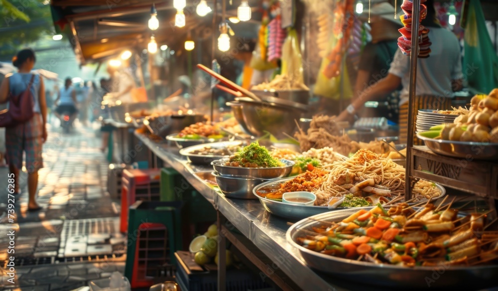 Thai street food in Songkran day Thai market in Bangkok Cooking of street food Spicy, seafood, veggie Background