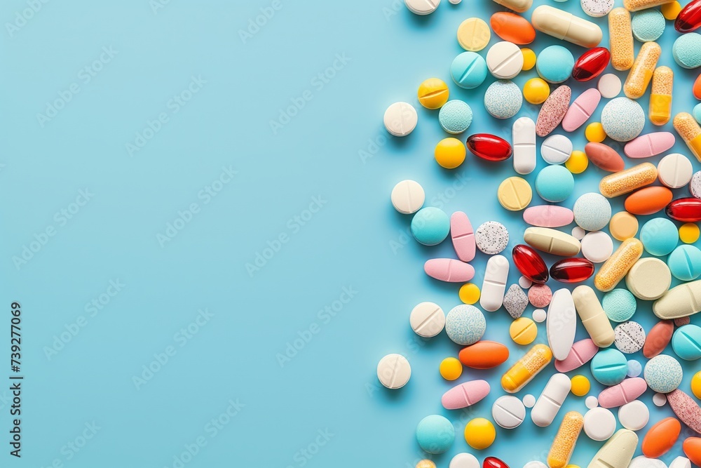 Assorted Pharmaceutical Pills and Capsules on a Blue Background with space for text. Copy space