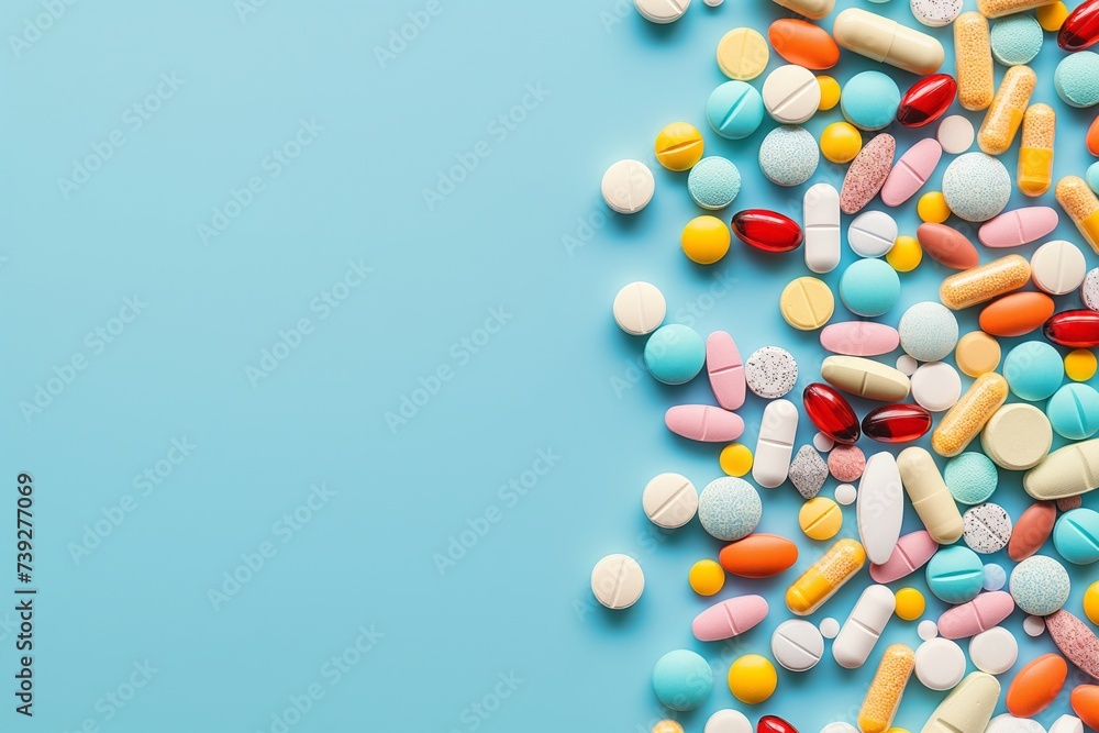 Assorted Pharmaceutical Pills and Capsules on a Blue Background with space for text. Copy space Assorted Pharmaceutical Pills and Capsules on a Blue Background with space for text. Copy space