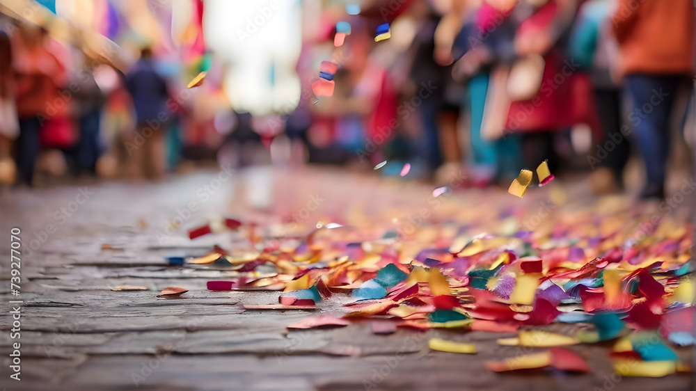colorful confetti fallen on the street at carnival blurred background banner
