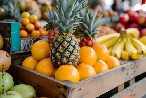 Plate with different fruits on kitchen table. Sweet fruits for fruit salad. Bowl with freshly sliced apples  oranges  lemon  bananas and pineapple. Fitness breakfast. market stall 