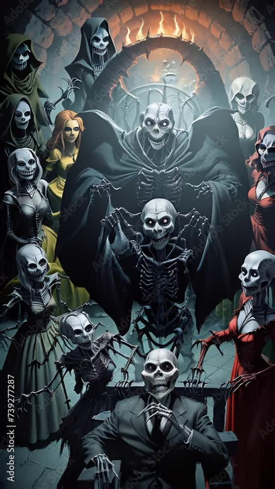 Skull in a hood with burning eyes, surrounded by skeletons. The concept of horror and dark fantasy. Skull in a hood with burning eyes, surrounded by skeletons. The concept of horror and dark fantasy.