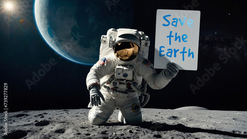 portrait of astronaut with helmet and spacesuit on the surface of the moon showing a sign in favor of saving planet earth