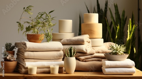Eco-friendly sports equipment, such as biodegradable yoga blocks and organic cotton towels, presented on a white background, promoting sustainability in sports,