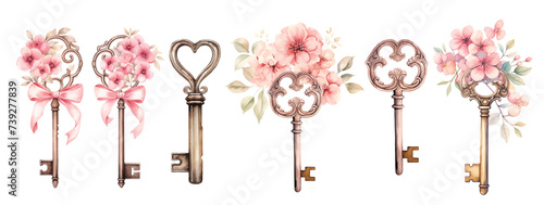 Watercolor vintage keys and locks with flowers Valentines day illustration