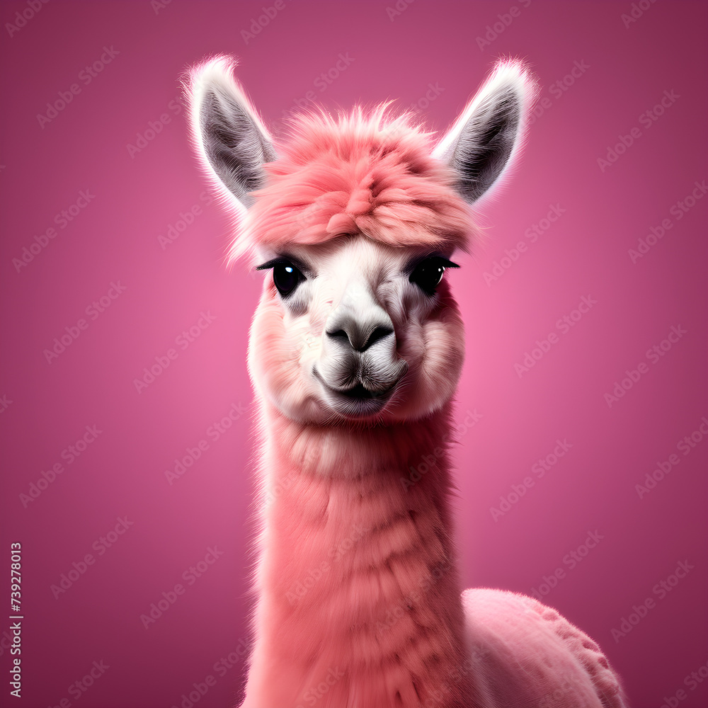 Funny llama with pink fur on pink background. Animal portrait.