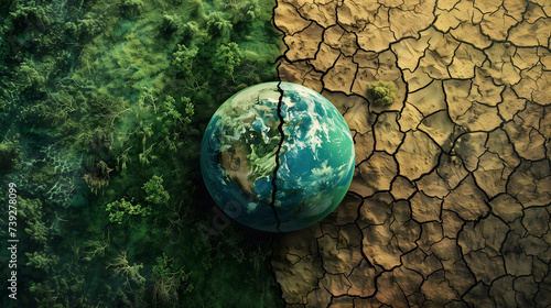 two part of globe earth, beautiful green world on the left side and dry world on the right side, caring for the environment and the world concept