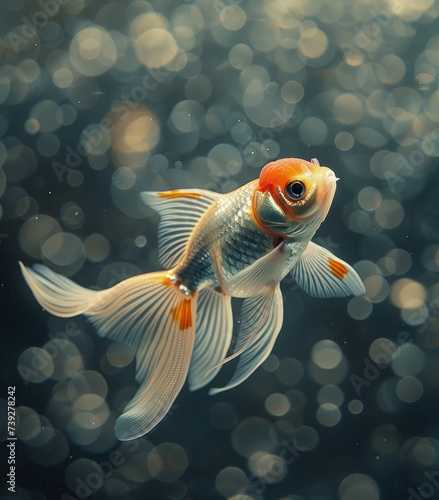 a goldfish swimming in the night on a black background