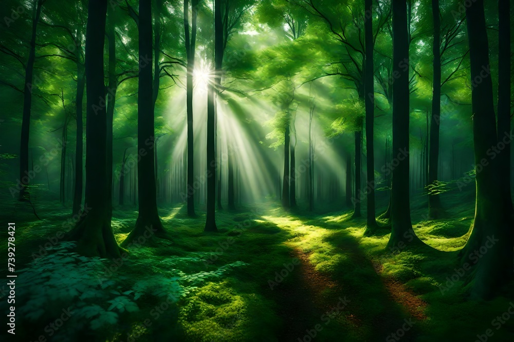 Obraz premium A picturesque display of a tranquil forest featuring long green trees, the HD camera capturing the enchanting scenery and the interplay of light and shadow in stunning
