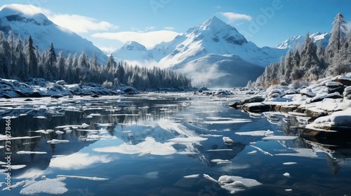 An icy mountain lake in the heart of winter, the surface frozen solid, snow-covered peaks in the background, the silence of the wilderness pervasive, Photograph © ProVector