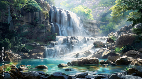  A majestic waterfall cascading down into a crystal-clear pool  with hidden eggs scattered along the rocky banks