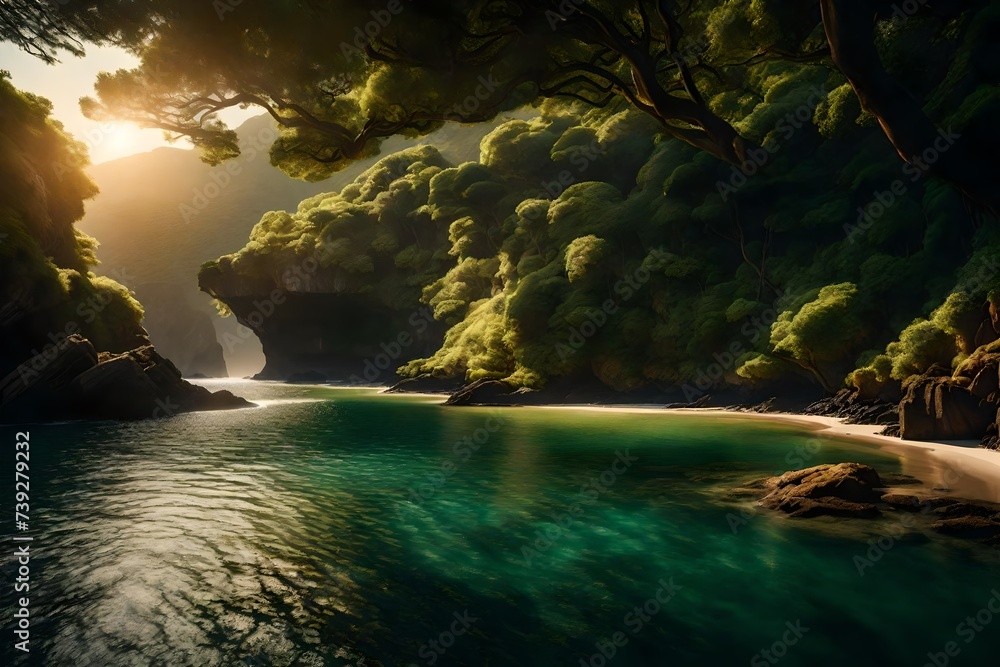 A breathtaking coastal landscape with lush greenery lit by the golden hues of sunlight, presented in realistic