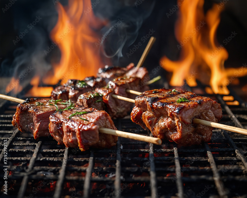 Juicy beef on the barbecue, with high flames Juicy beef on the barbecue, with high flames